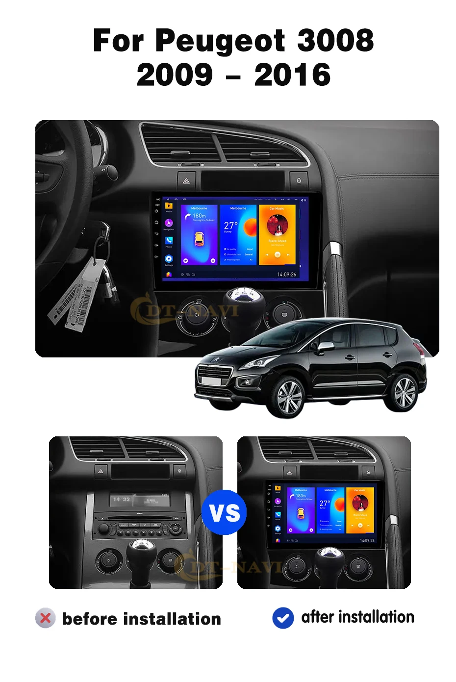 Android 16 For Peugeot 3008 5008 AT MT 2009 2012-2016 9 inch Stereo Car Voice Multimidia Player GPS Navigation Carplay Bluetooth