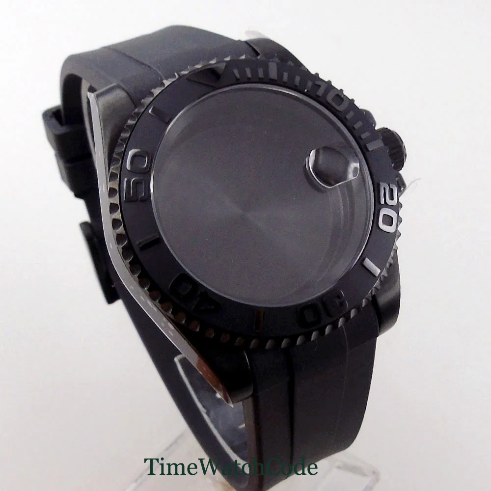 Sapphire Crystal Watch Case 40mm Black Plated Rubber Strap Fits NH35A NH36A ETA2836 2824 PT5000 Miyota8215 821A 8205 DG2813 3804