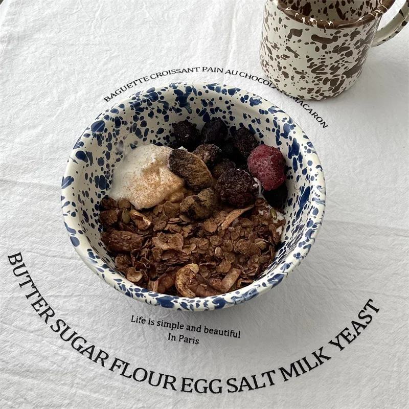 Naval Blue Enamel Breakfast Bowl Korean Style Dining Utensils Plate Coffee Cup Popular Ins Style Oats Yogurt Breakfast Bowl