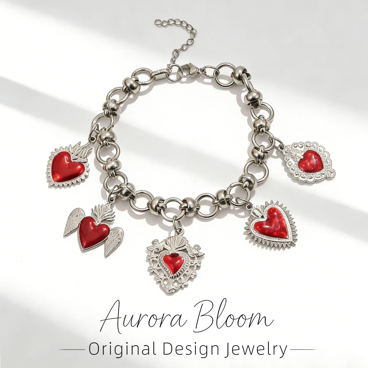 

AURORA Punk Red Enamel Heart Pendant Bracelet For Women's Hand Bangle Bracelet Charm Stainless Steel Jewelry Accessories Gifts