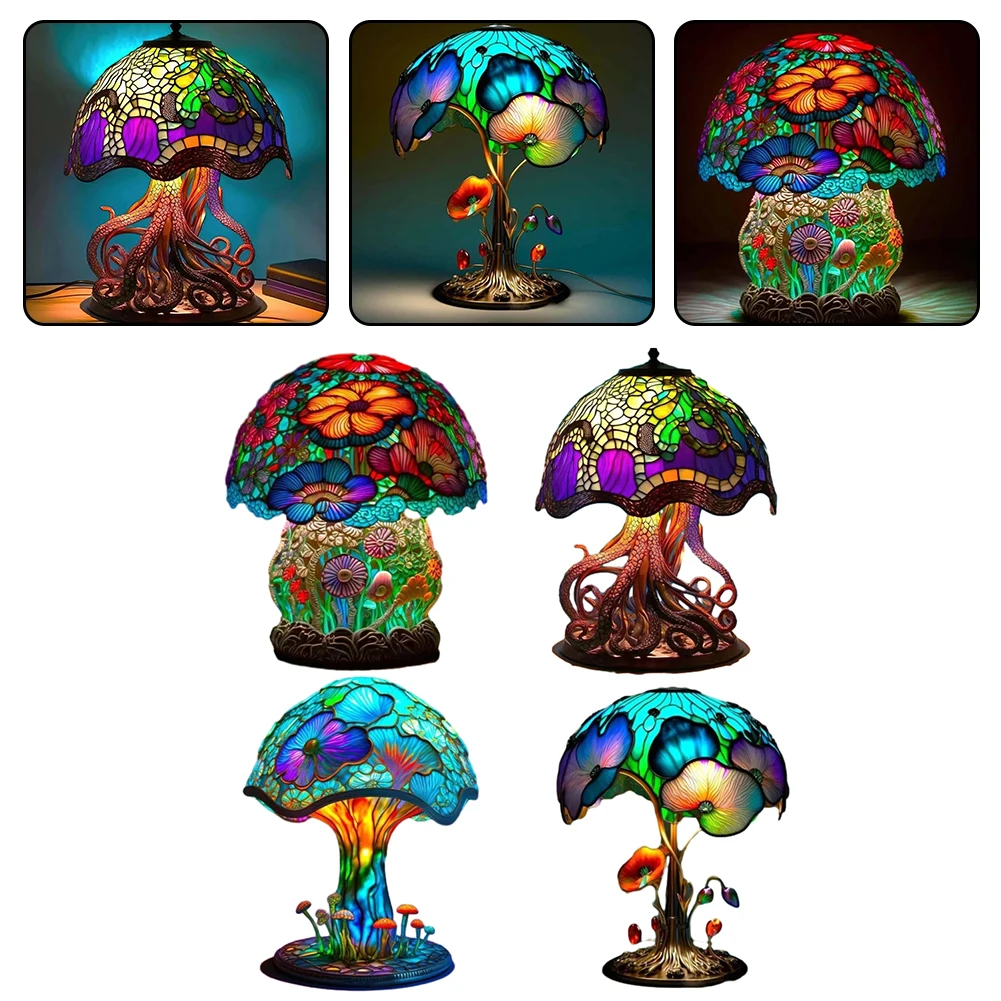 

Creative Stained Plant Series Table Lamps Resin Colorful Bedroom Bedside Flower Mushroom Retro Table Night Lamp Atmosphere Light