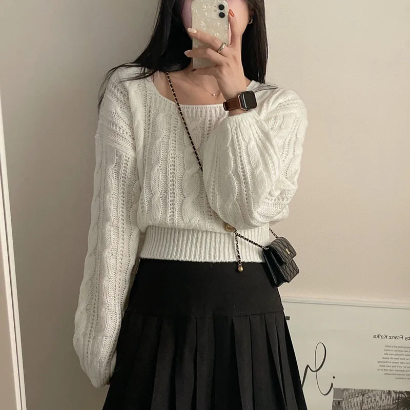 Zoki Korean Lantern Sleeve White Sweaters Women Sweet Casual Loose Knitted Pullovers Vintage Square Collar Lady Cute Design Tops