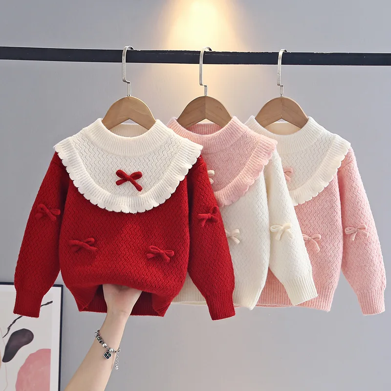 

Contrasting Colors Peter Pan Collar Princess Sweaters for Kids Girls Elegant Bow-ties Student Knitting Stripes Pullovers IY12061