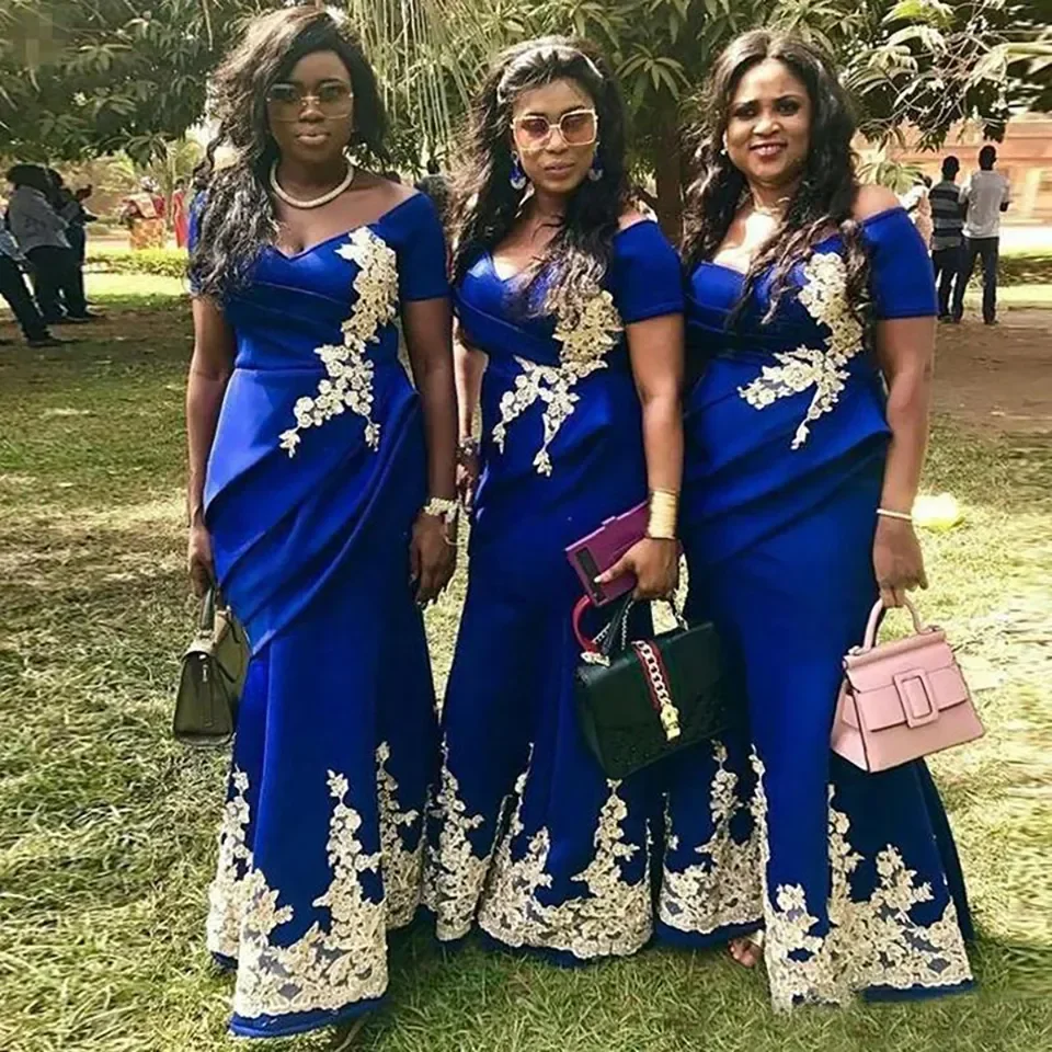 Vestido de noche azul Sexy de sirena con cuello en V y hombros descubiertos para dama de honor, apliques de talla grande, bolso formal para fiesta de graduación, bata a la cadera para mujer