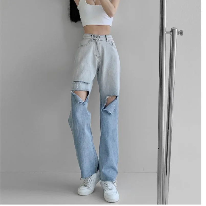 European and American Style Gradient Jeans Women's High Waist Straight Leg Wide Leg Pants Summer Loose Retro Perforated Pants