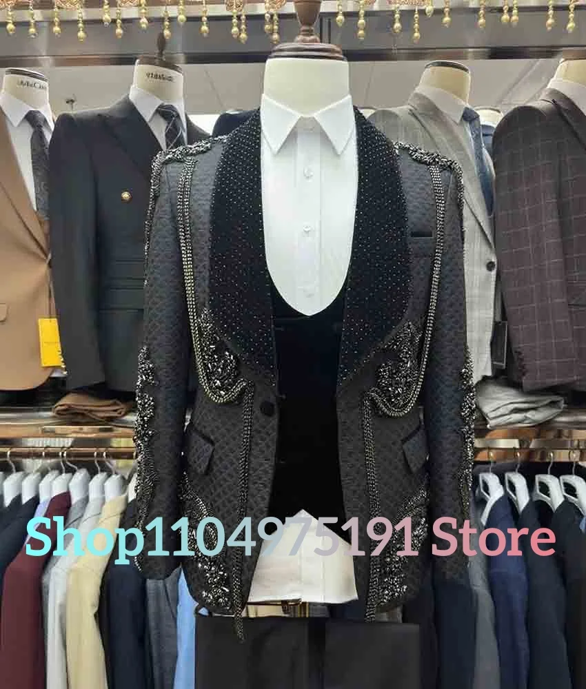 Luxury Crystal Embroidered wedding tailcoat Graceful 3-piece Men's Suit Performance outfit Wedding Party Dress Celebrity Gowns