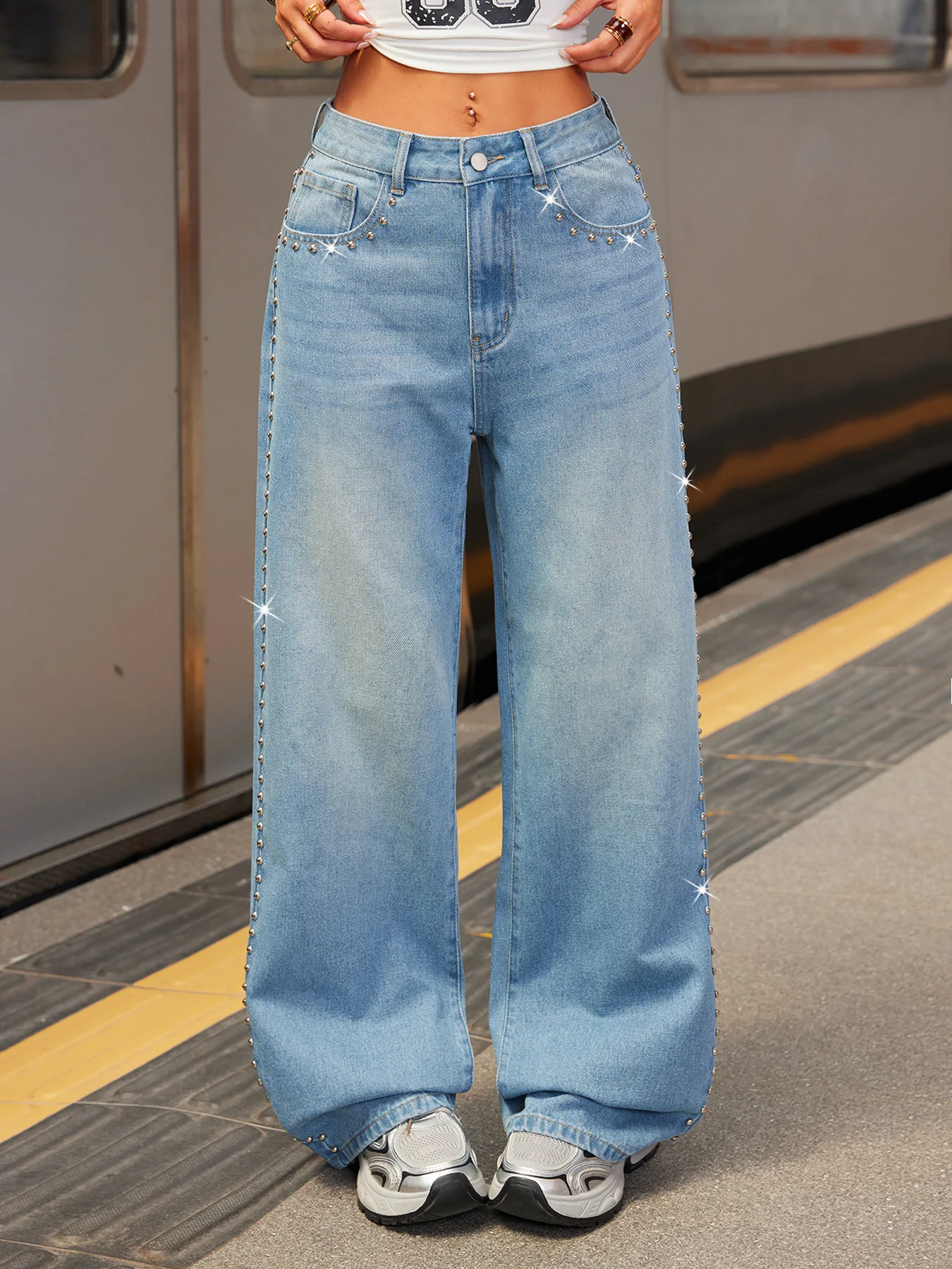 Rivet High Waist Wide Leg American Retro Washed Blue Jeans Women Autumn New Trend Straight Floor-Length Pants Ladies Trousers