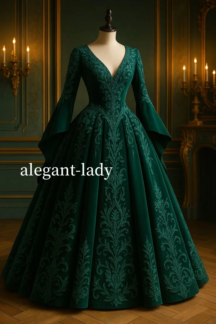

Emerald Green Medieval Evening Gown Retro V-neck Fairy Long Sleeves With Corset Lacing Fluffy Victorian Long Skirt Custom