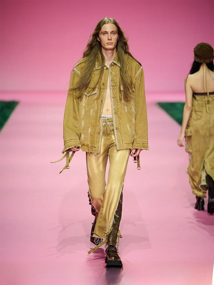 

Модный хлопковый джинсовый комплект с бахромой и расклешенными брюками, свободный крой, Новое поступление, уличный воротник с воротником на одной пуговице, одежда...