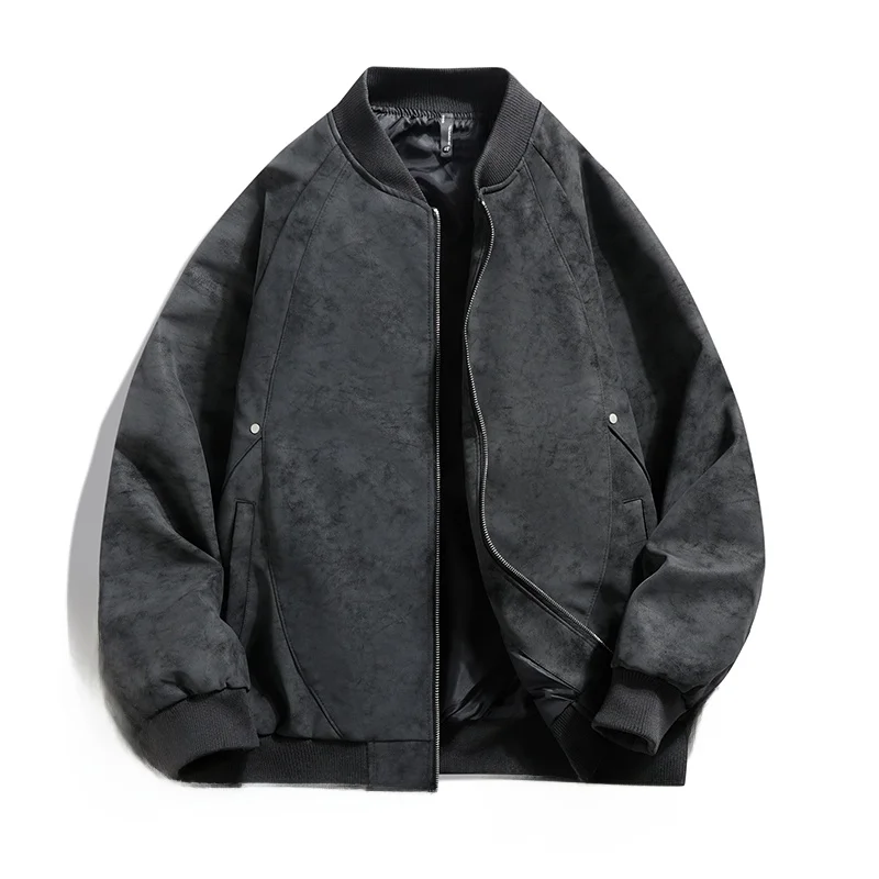 

Classic American Sle Waed Leather Jaet Men's Loose Fit Baseball Collar Jaet Autumn Casual Long Sve Zipper Closure