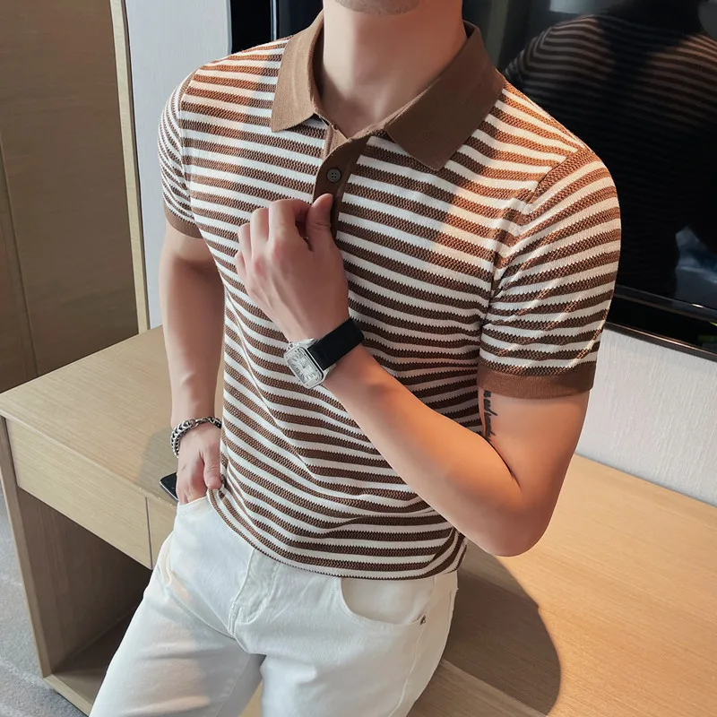 2023 Men\'s Summer Ice Silk Short Sleeves Polo Shirts/Male Slim Fit Stripe Casual  High Quality Polo Shirts Plus Size S-4XL