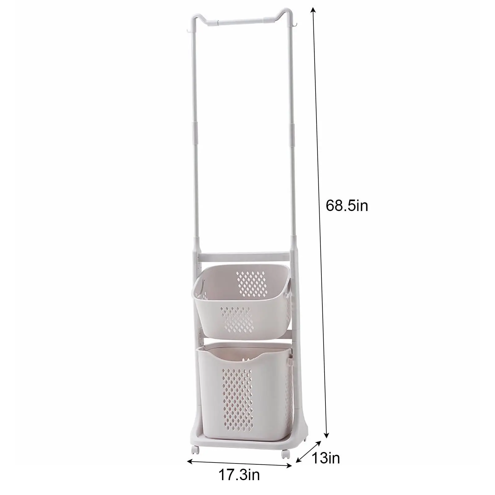 Laundry Hamper, 2 Tier Sorter with Hanging Bar and Removable Rolling Baskets, Stackable Storage Cart for Small Spaces and Dorm,