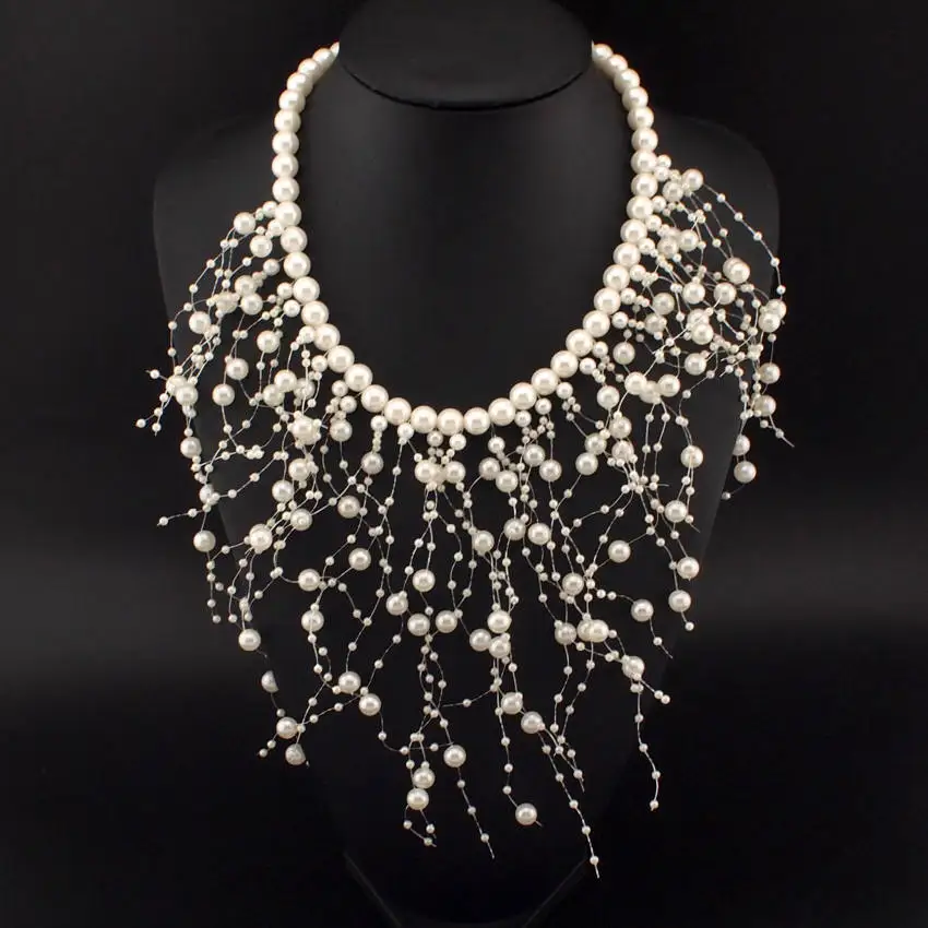 Fashion Simulated Pearl Necklaces Beads Collar Choker For Women Long PendantStatement Jewelry Party Wedding Accessories