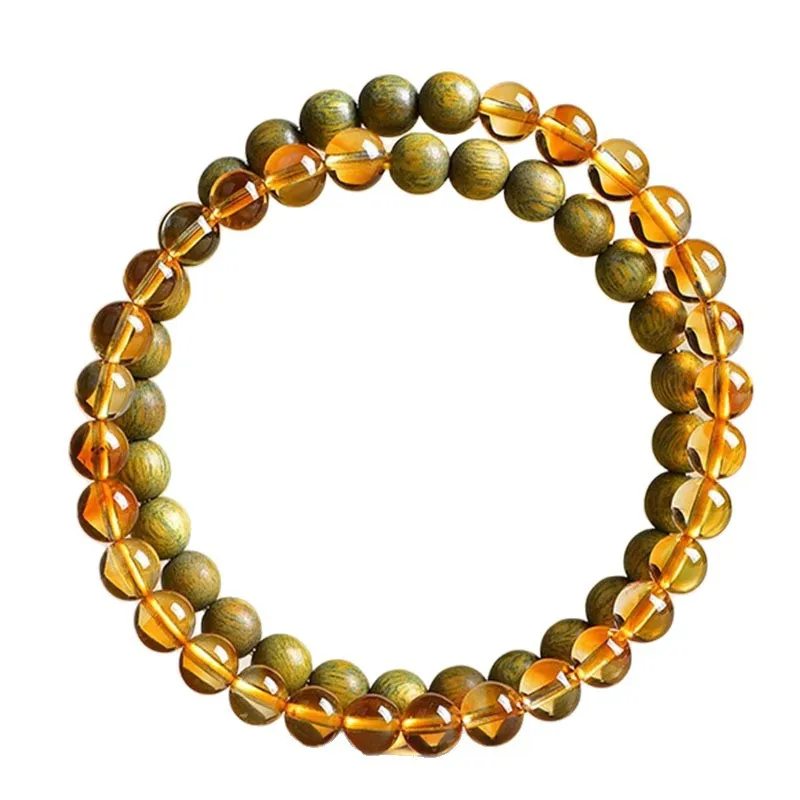 

Citrine and Green Sandalwood Double Loop Bracelet for Women Balance Five Elements Attract Good Luck Bracelets Gifts