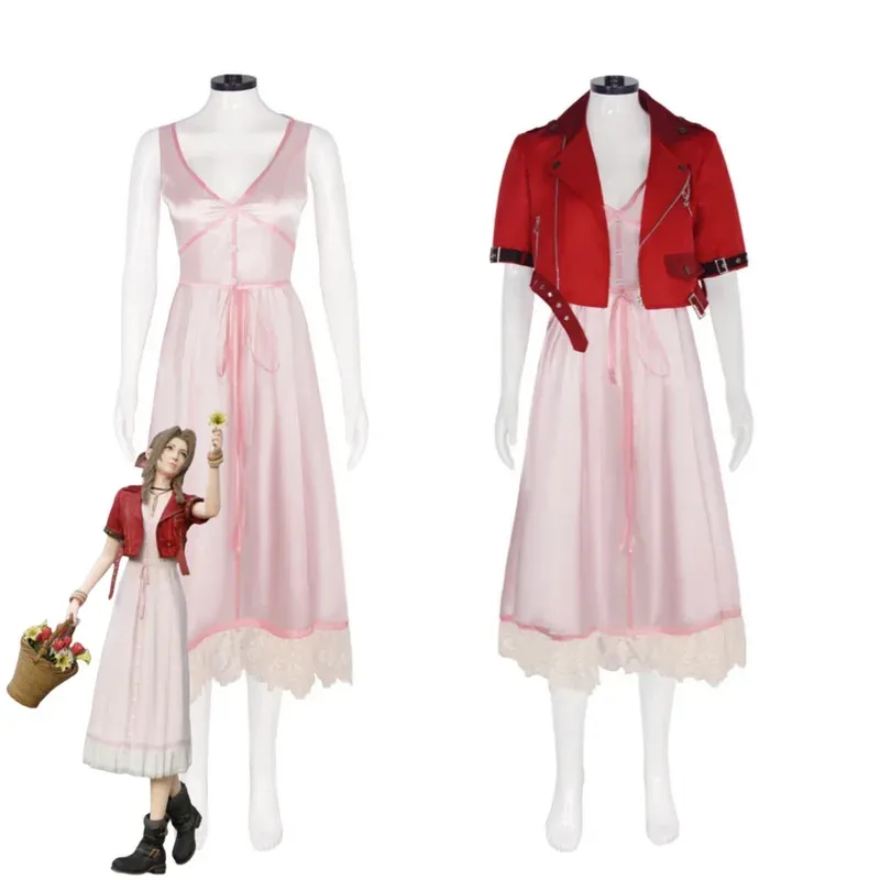 

Игра Final Fantasy VII Remake Aerith Gainsborough Косплей Костюм Красное Пальто Розовое Платье Парик Женский Сексуальный Карнавальный Рождественский Костюм