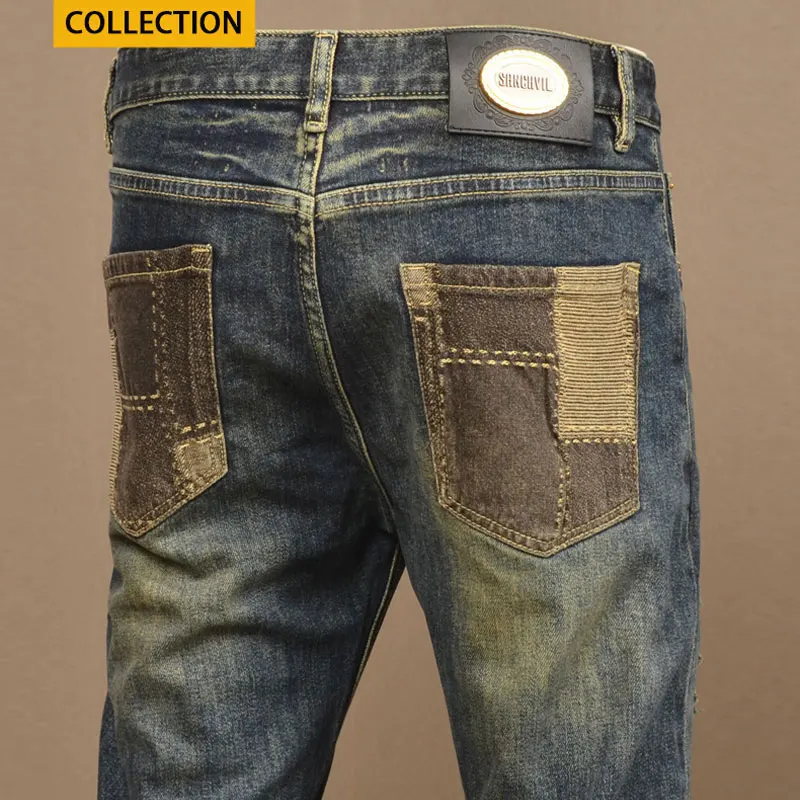 Street Fashion Men Jeans Retro Washed Blue Elastic Slim Fit Vintage Ripped Jeans Men Patch Designer Hip Hop Denim Pants Hombre