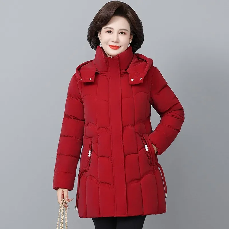 Inverno nuove donne giacche ispessite piumino di cotone Parka trapuntato con cappuccio tasche lunghe cappotto soprabito femminile di mezza età