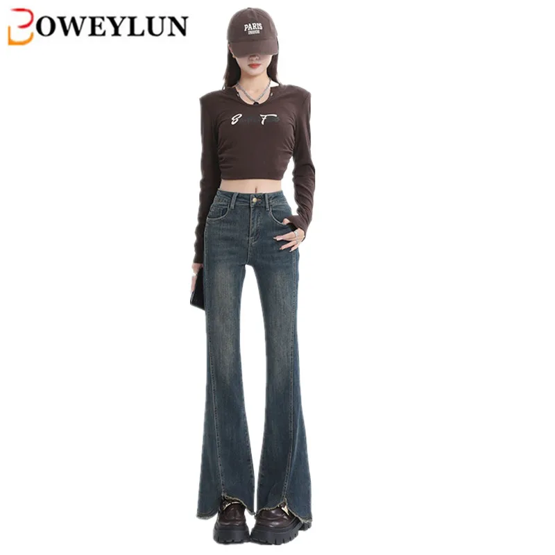 BOWEYLUN جديد ريترو دو قديم مايكرو متوهج الجينز للنساء الخريف عالية الخصر مهدب سبليت الدينيم بنطال ذو قصة أرجل واسعة للإناث