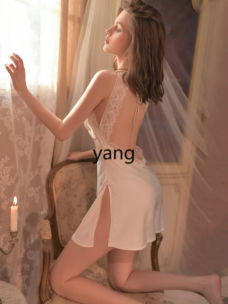 LMM summer high-end small chest with chest pad ice silk lace suspender nightdress