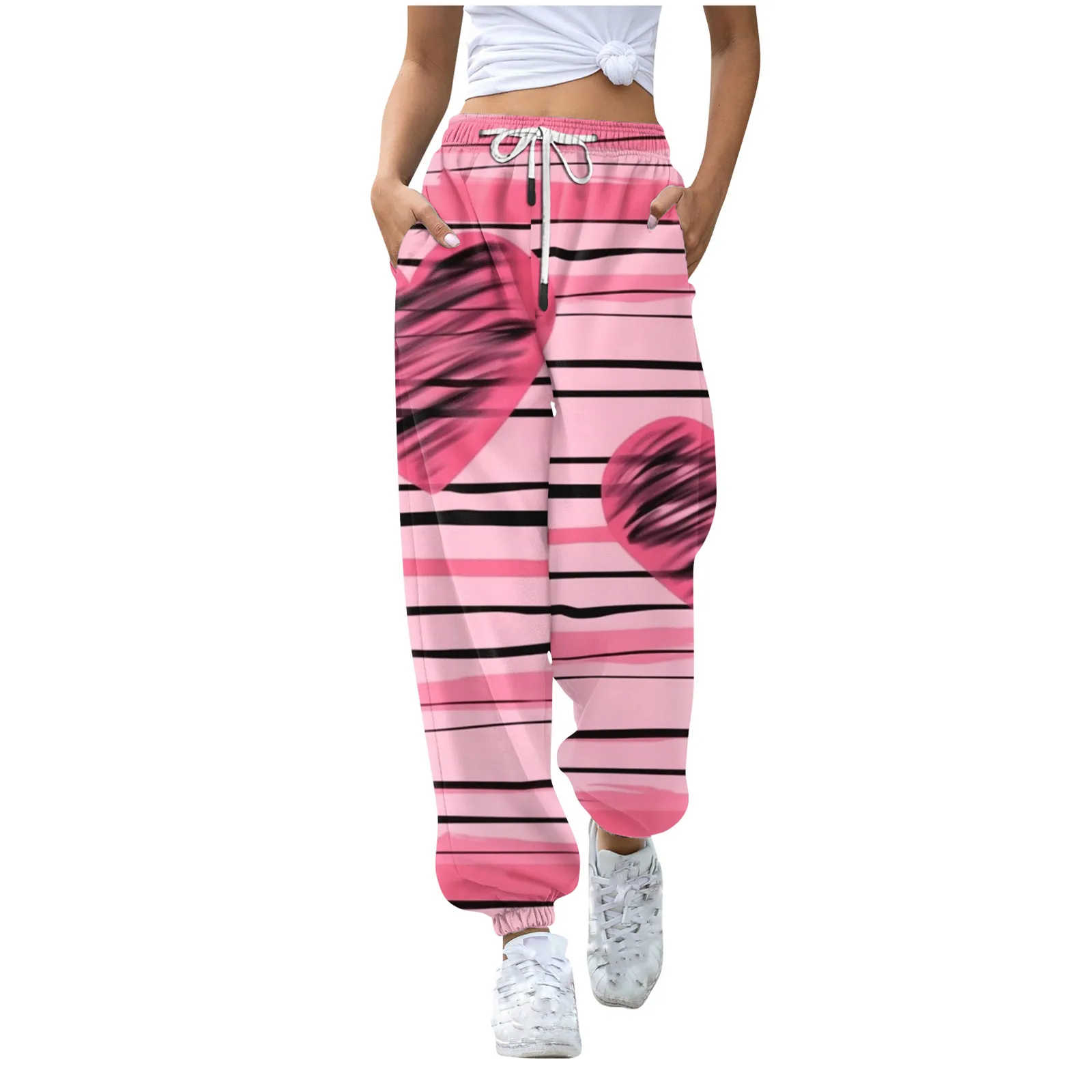 Pantalones de chándal holgados para mujer, ropa de calle con estampado de corazones para el Día de San Valentín, pantalones de pierna ancha, Y2k, Joggers casuales de cintura alta para mujer