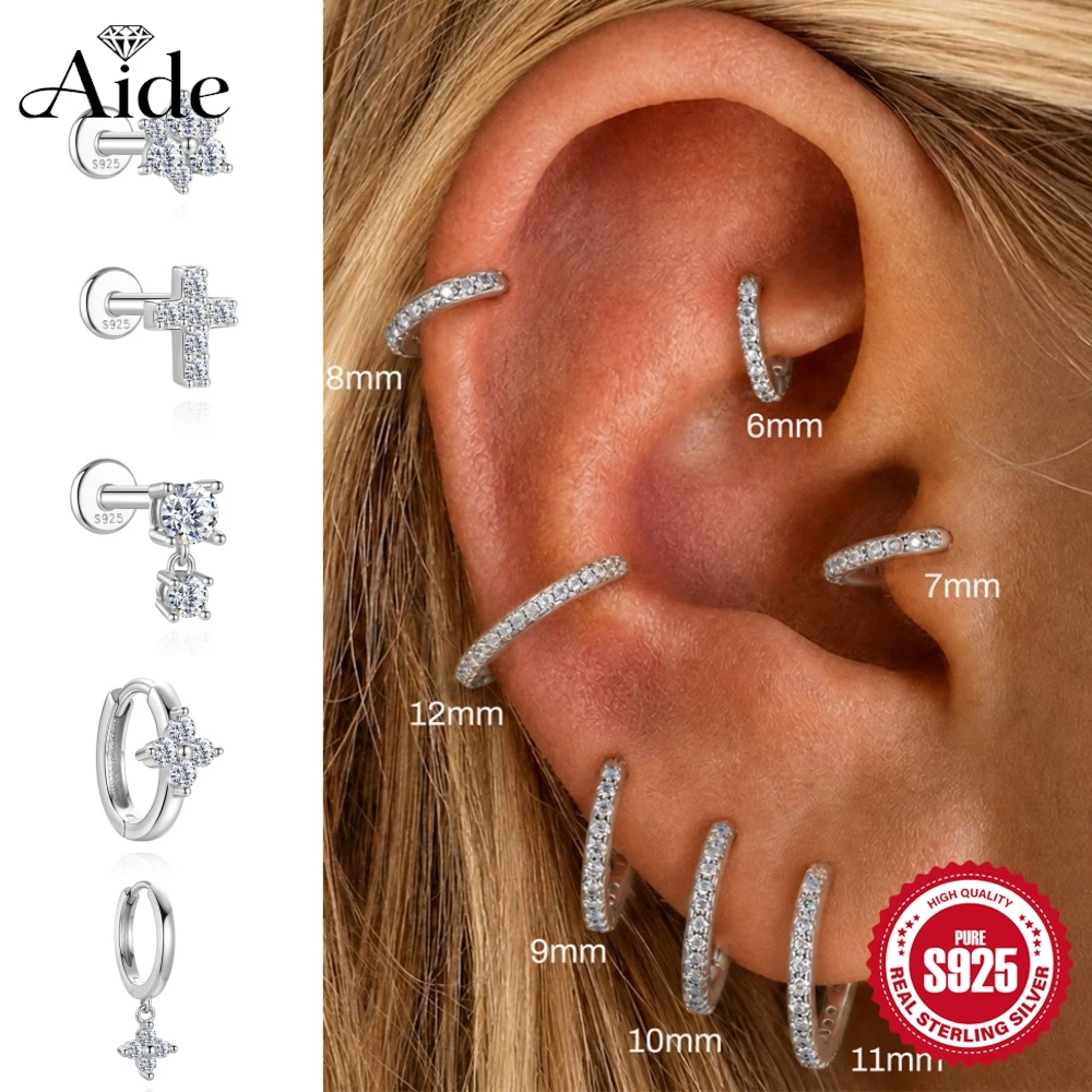 AIDE Sparkling Geometric Flower Moissanite Women's Multi Size Huggies Piercing 925 Sterling Silver Luxury Bridal Jewelry Gifts
