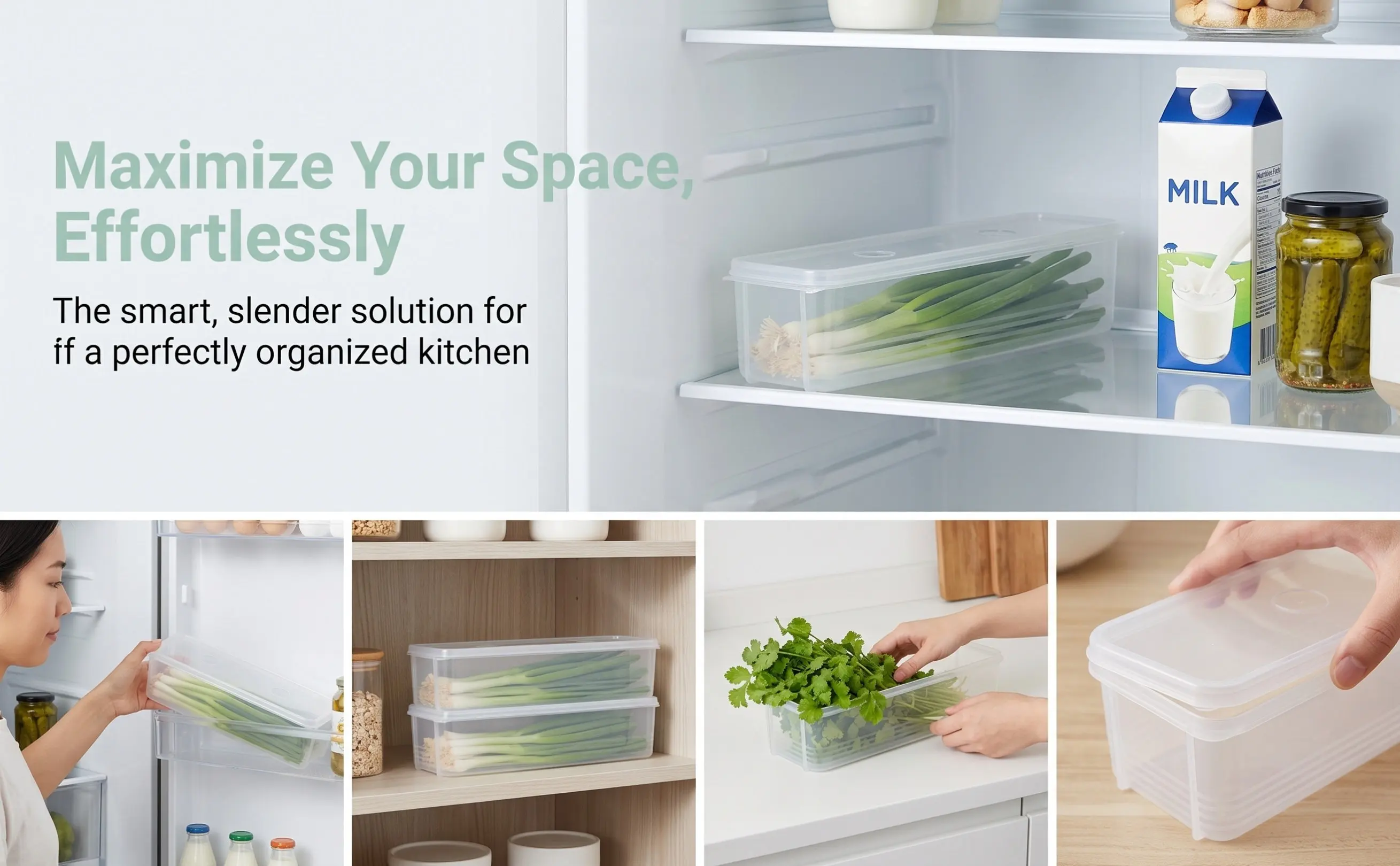 -Keeping Storage Box Airtight Fridge Organizer Bin for Green Onions Cilantro Scallions Leeks Pasta Produce Stackable