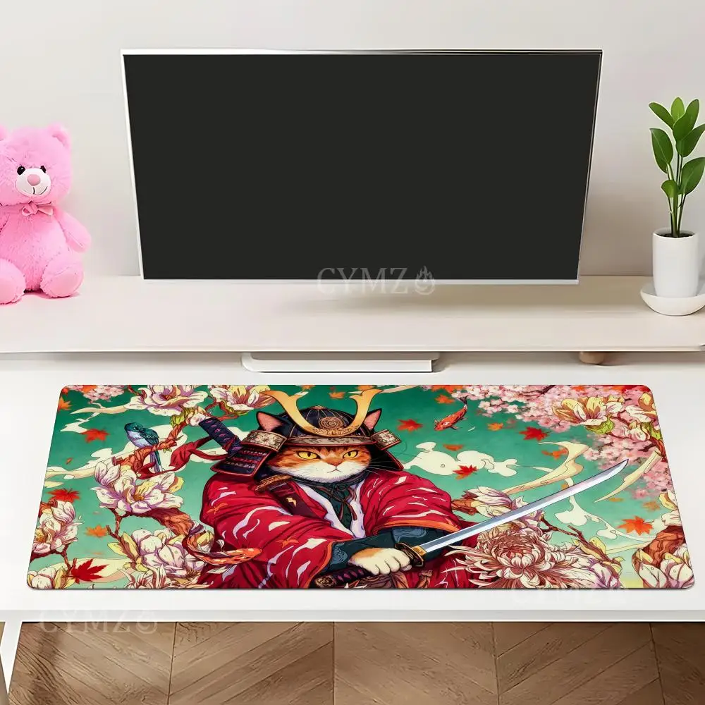 Tappetino per mouse Fantasy giapponese samurai gatto Tappetino per scrivania Tappetini da gioco Accessori da scrivania antiscivolo in gomma adatti per ufficio e giochi