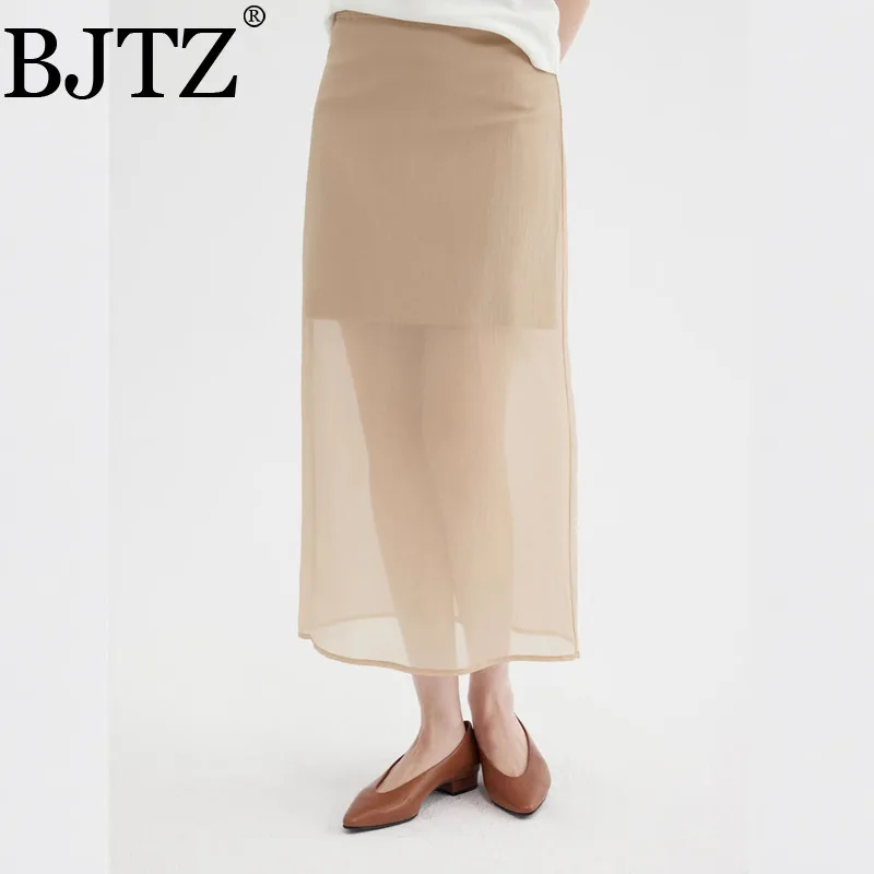 

BJTZ 2025 Summer Solid Color Hip Wrapping Skirt With Thin And Hazy Double Layer A-line Sheer Skirts For Women Clothing