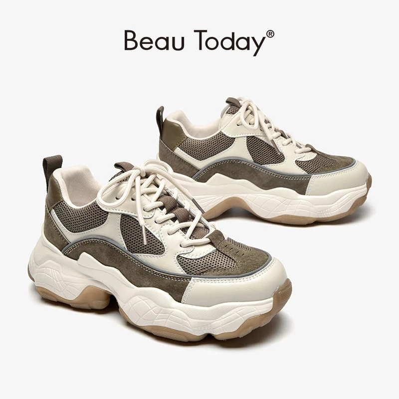 BEAUTODAY Women Chunky Sneakers Genuine Leather Mesh Patchwork Round Toe Lace-Up Thick Sole Ladies Breathable Shoes A29402