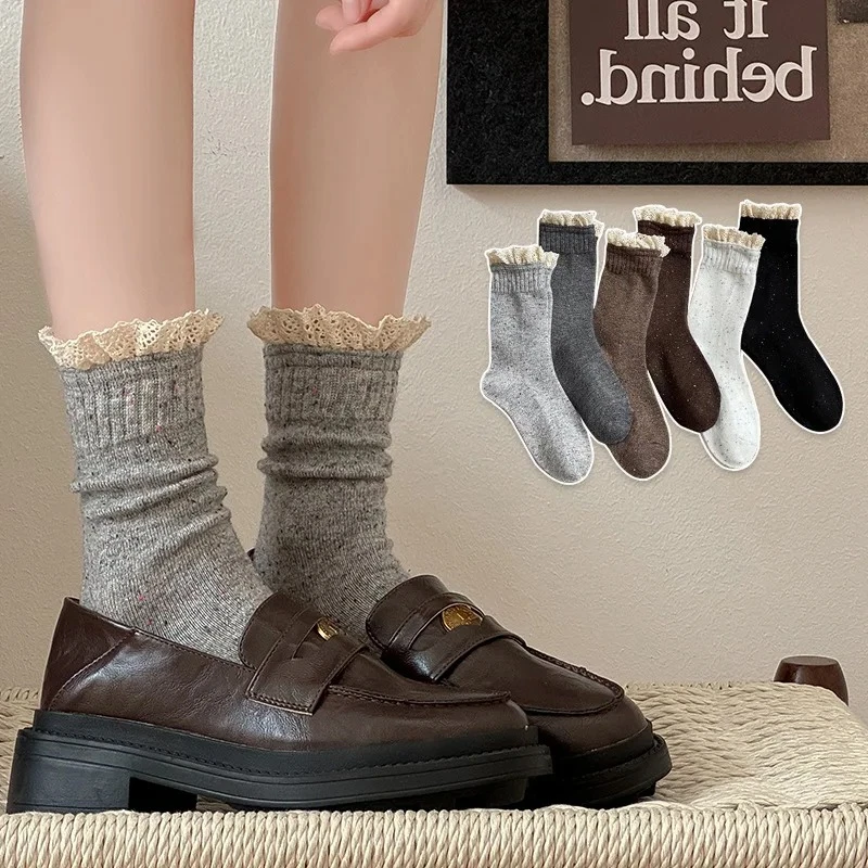 أسود أبيض رمادي الجوارب الطويلة اليابانية موضة الكورية أنماط لوليتا الدانتيل كشكش الجوارب خمر الأوسط جوارب أنبوبية النساء الألوان الصلبة #2