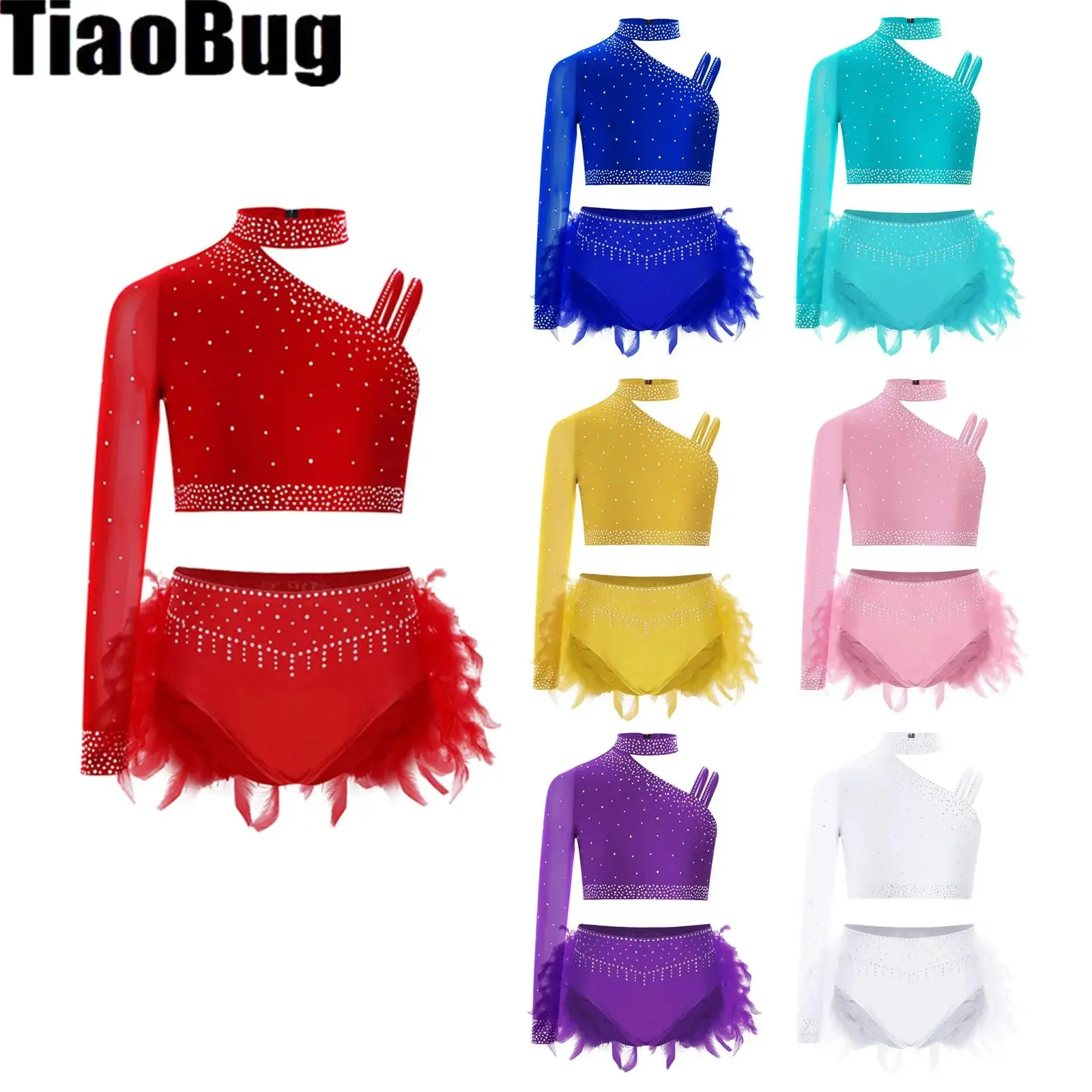 

Girls Rhinestones Jazz Dance Outfits One Shoulder Crop Tops with Feather Briefs Lyrical Latin Salsa Dance Performance Costume