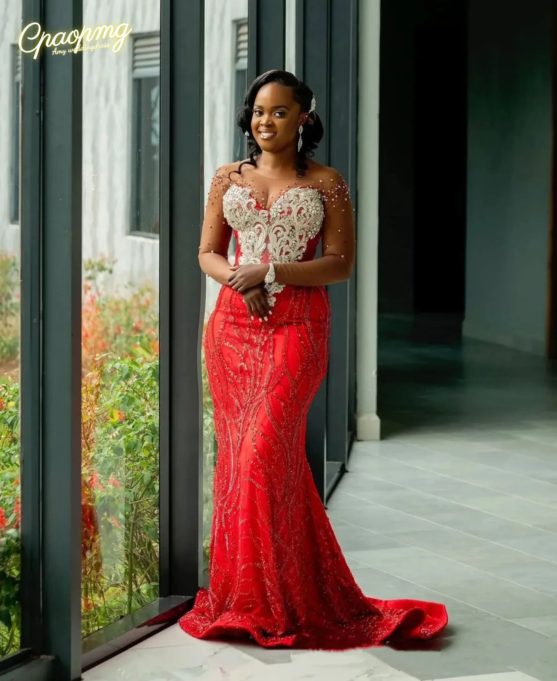 

Customized New Mermaid Evening Dress With Lace Round Neck For Special Embroidered Beads For Party Reception Dress