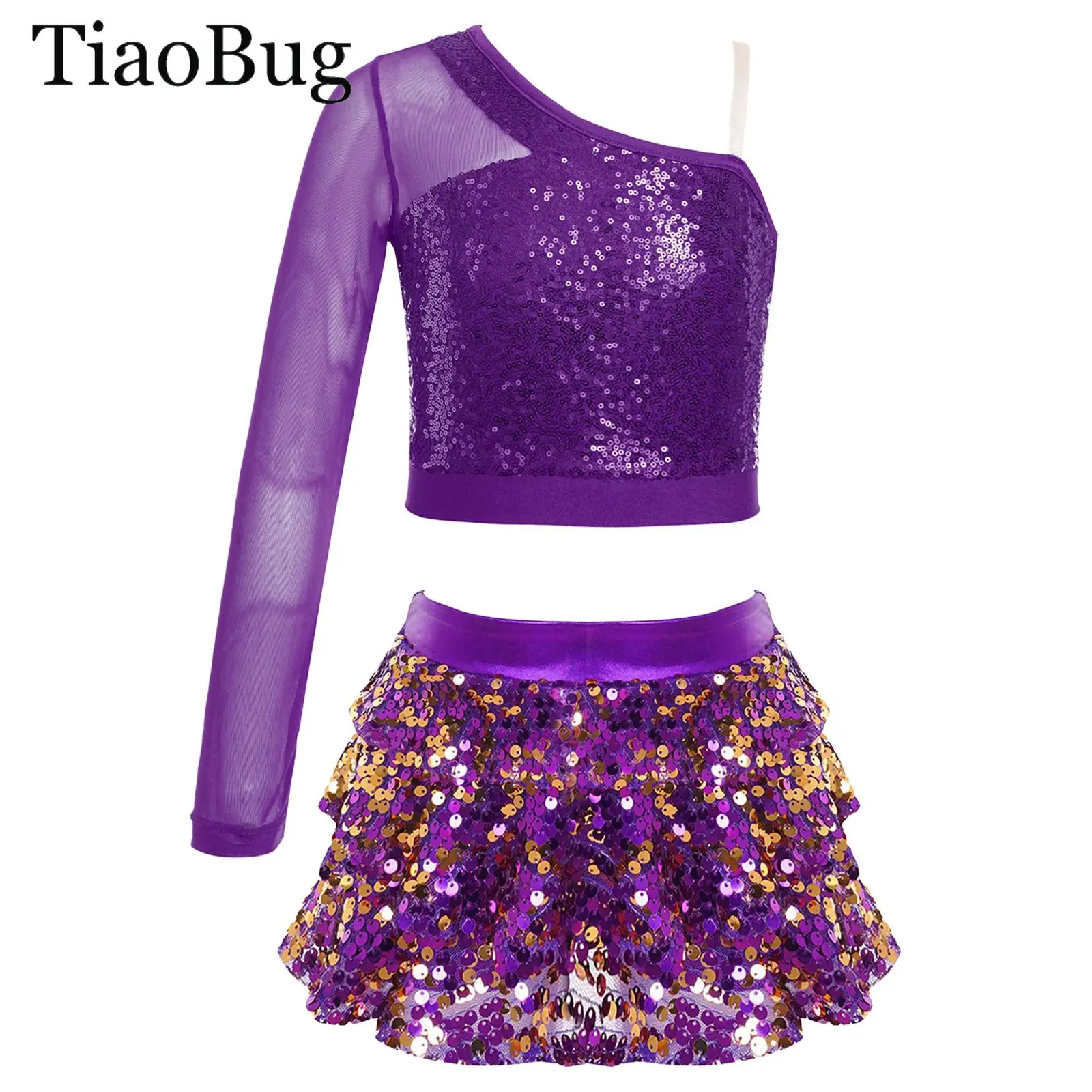 

Kids Girls Sequin Jazz Dance Costume Sheer One Shoulder Crop Tops with Skirted Shorts Culottes Hip Hop Cheerleading Performances