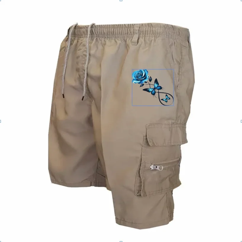 Men's Cargo Shorts Blue Rose Butterfly Print Elastic Waist Drawstring Multi Zipper Pocket Casual Streetwear Short Pants