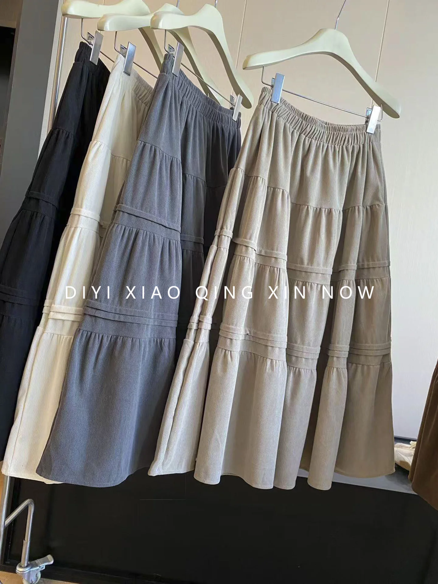 High Waist A-Line  Skirt with Layered Pleats Cotton Feel Corduroy Large Flounce Women's Standard Fit Polyester Fiber