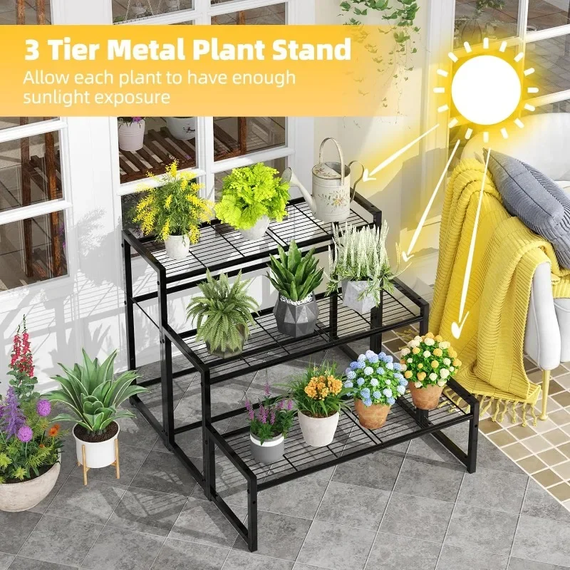 3 Tier Metal Plant Stand Outdoor Indoor Waterproof, Stackable Heavy Duty Tall Plant Shelf Flower Pot Holder for Garden