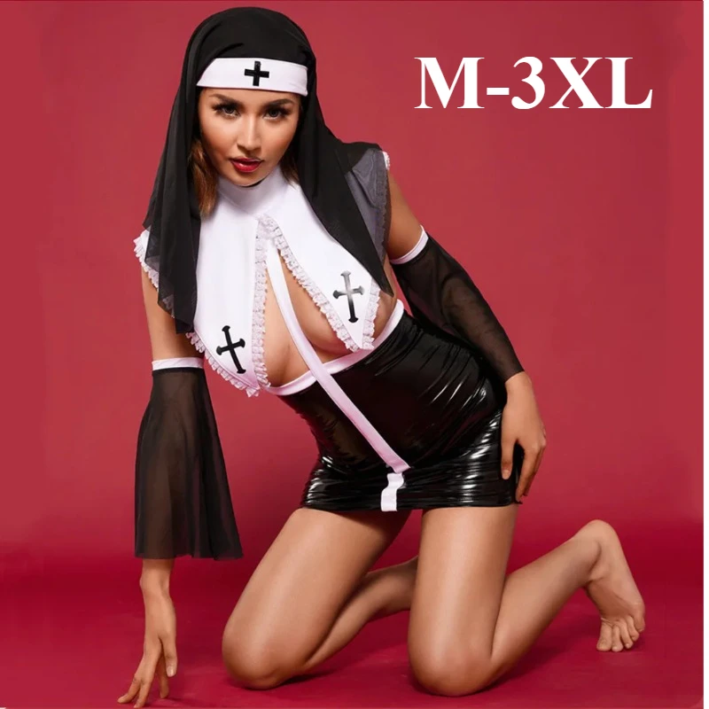

Plus Size Women Sexy Nun Cosplay Lingerie Fancy Dress Rave Party Roleplay Uniform Night Club Adult Naughty Nun Stage Performance