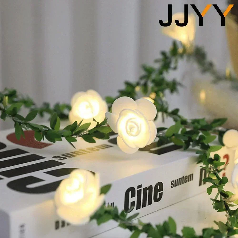 Linterna navideña con rosas, luces LED de 1,5 M, 3M, 6M, iluminación de cuento de hadas de vid de hoja verde para decoración de fiesta familiar