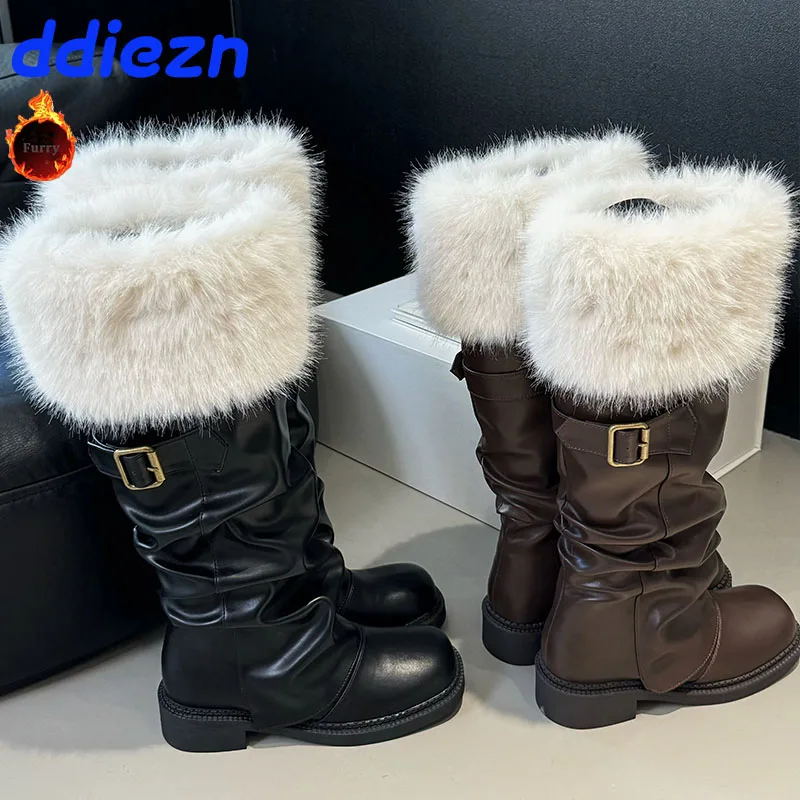 bottes-hautes-en-fourrure-pour-femme-chaussures-chaudes-en-peluche-longs-chaussons-occidentaux-a-enfiler-a-la-mode-hiver