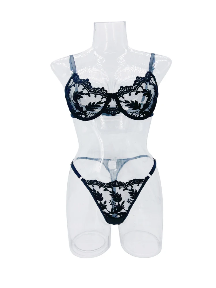 

Sexy embroidered see-through mesh lace push-up bikini lingerie set
