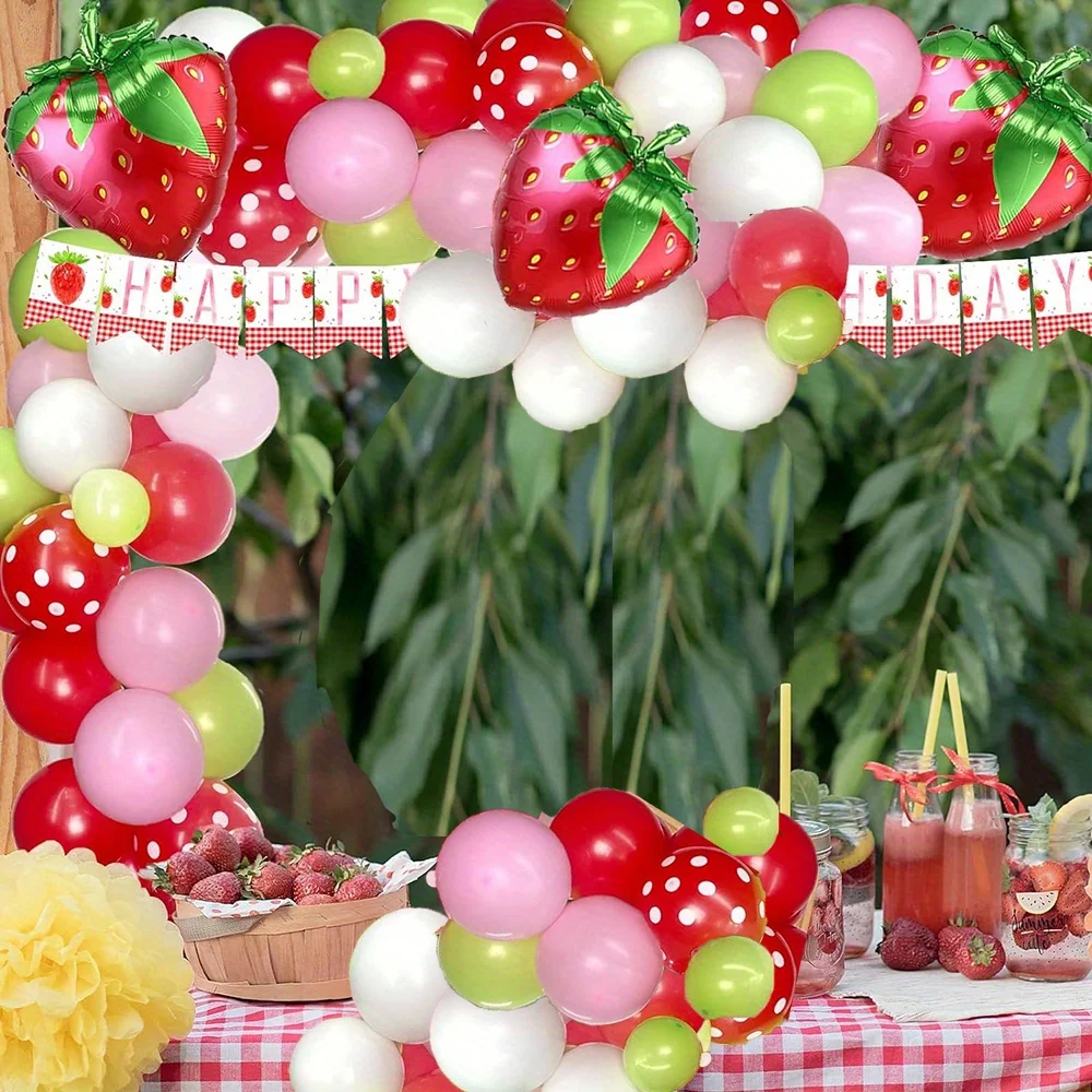 138PCS Strawberry Balloon Wreath Arch Set Red Pink Green Balloon Set Birthday Party Home Decoration Music Festival Decoration