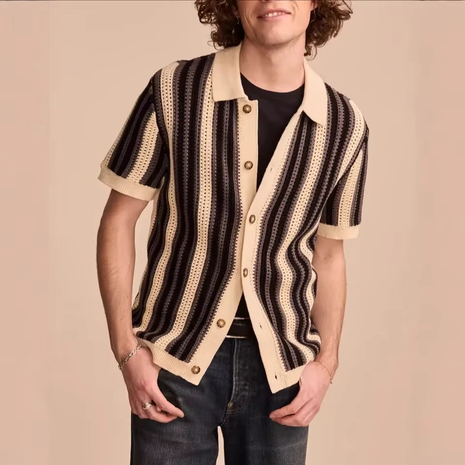 2025 Summer American European Men's Single Breasted Short Sleeve Turn-down Collar T-shirts Male Casual Trendy Coat Clothes Tops