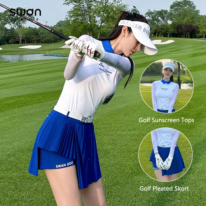 

SG Women Thin Cooling Golf Wear Sunscreen Long-sleeved T-shirt Girl High Waist Pleated Skirt with Inner Shorts Golf Culotte Sets