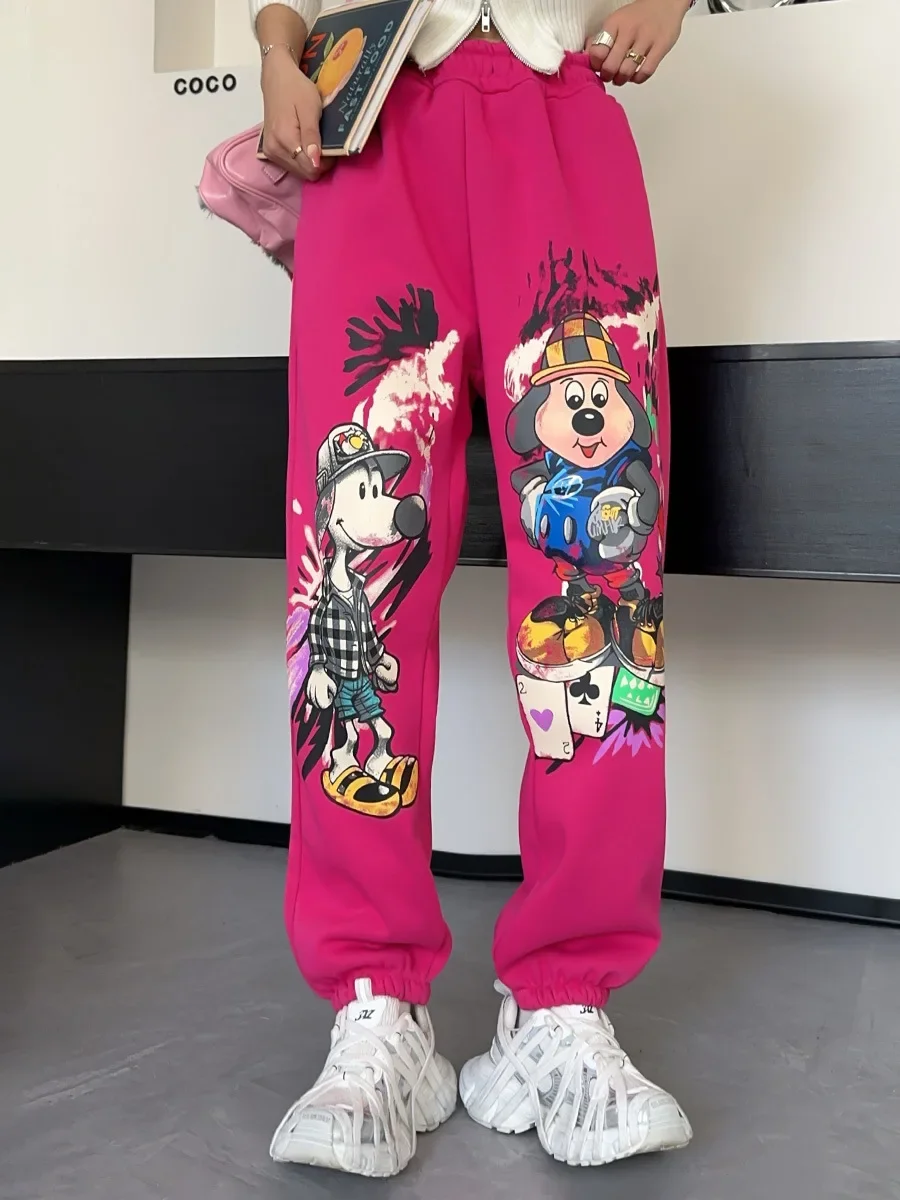 Fashion Tied Casual Pants Cool Girl Hip Hop American Retro Cartoon Pattern Sweatpants Cargo Pants Women Korean Fashion