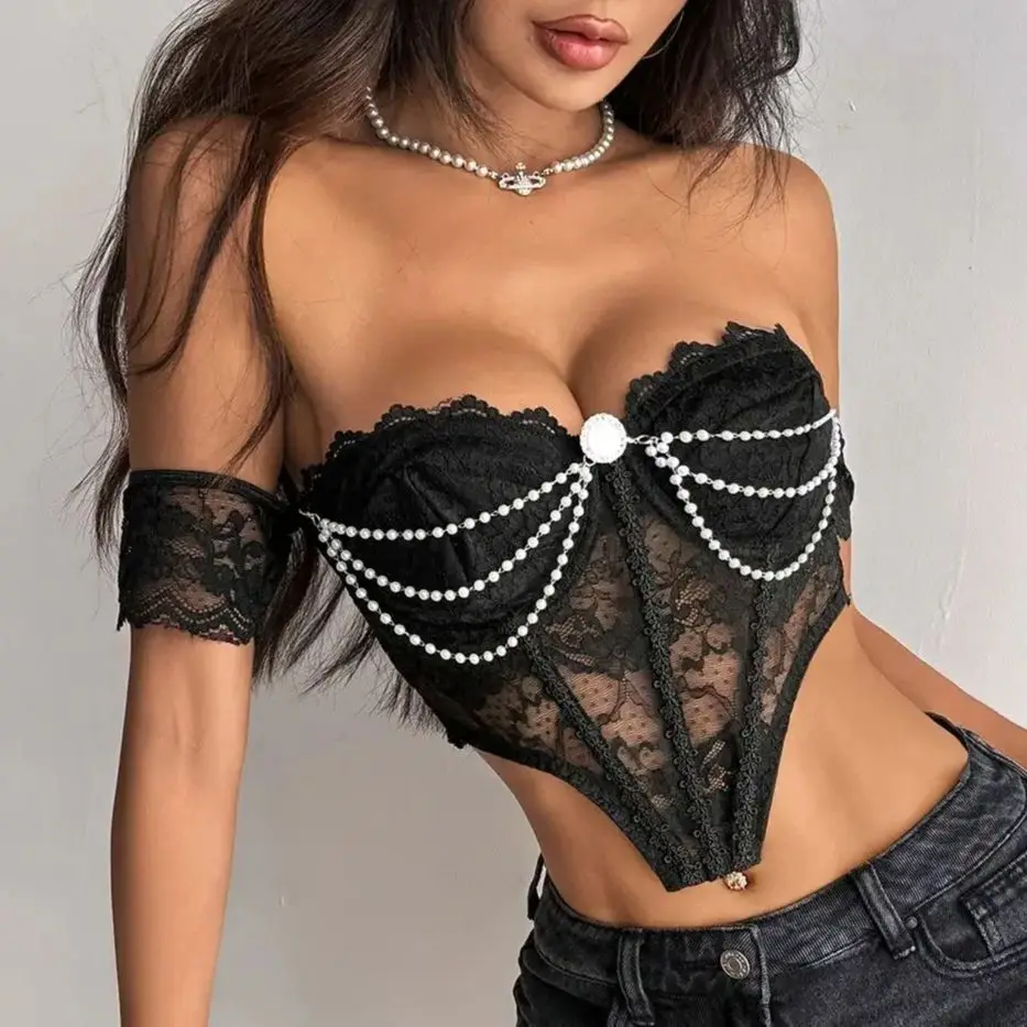 See-through Lace Mesh Tops Pearl Chain Camis Women Tanks Vest Summer Boned Female Fashion Sexy​ Sleeveless Sheer Corset Crop Top