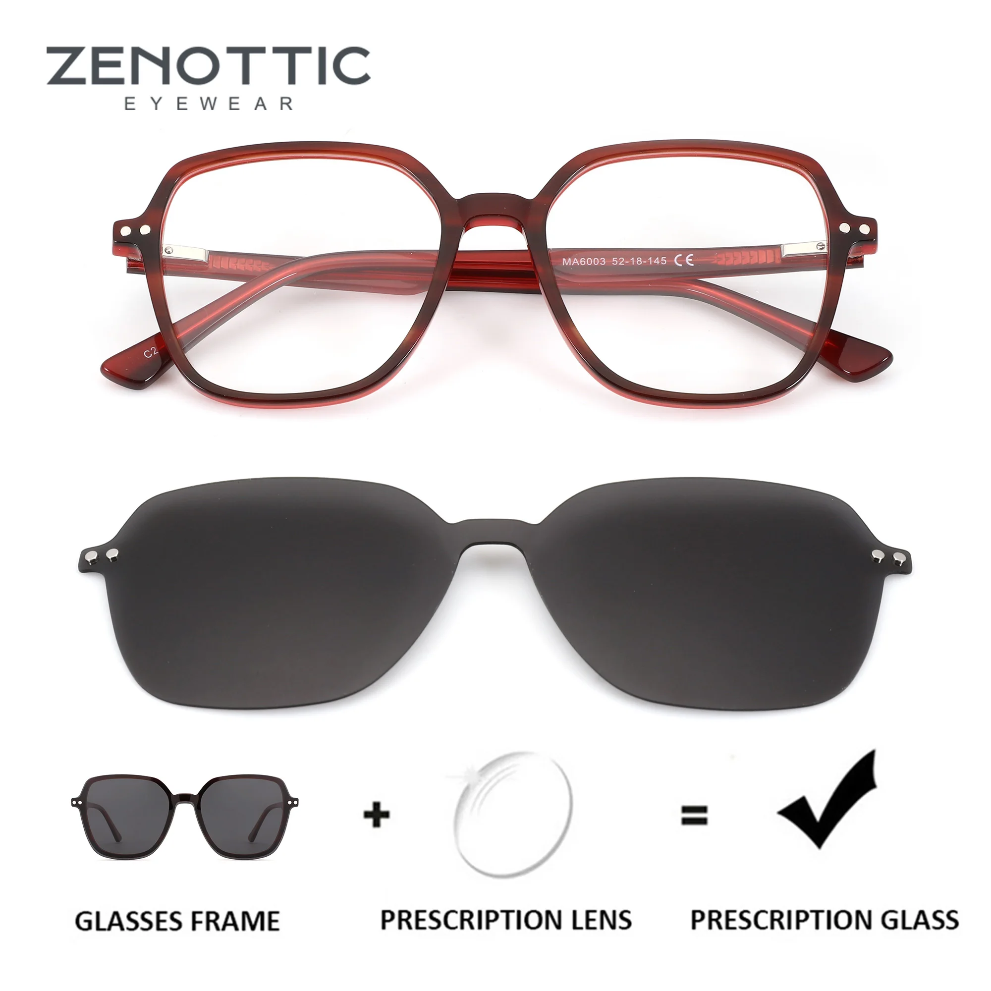 ZENOTTIC Acetate Polygon Magnetic Clip On Prescription Glasses For Women UV400 Myopia Driving Optical Grade Eyeglasses