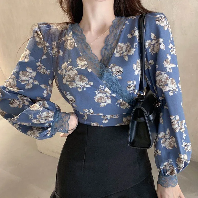 Floral Print Blouse Women Lace Sweet And Spicy Shirt Long Sleeves Lace Up Design Elegant Slim Fitting Sexy Leisure Base Top