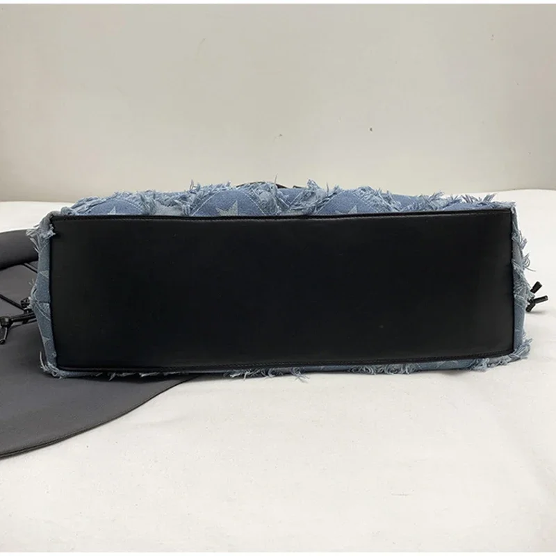 Denim Canvas Grid Umhängetasche, Damen-Umhängetasche mit großem Fassungsvermögen, lässiger, niedlicher Wald-Stil, Reisetasche, Handtasche für den täglichen Pendelverkehr, Blau – Detail 4