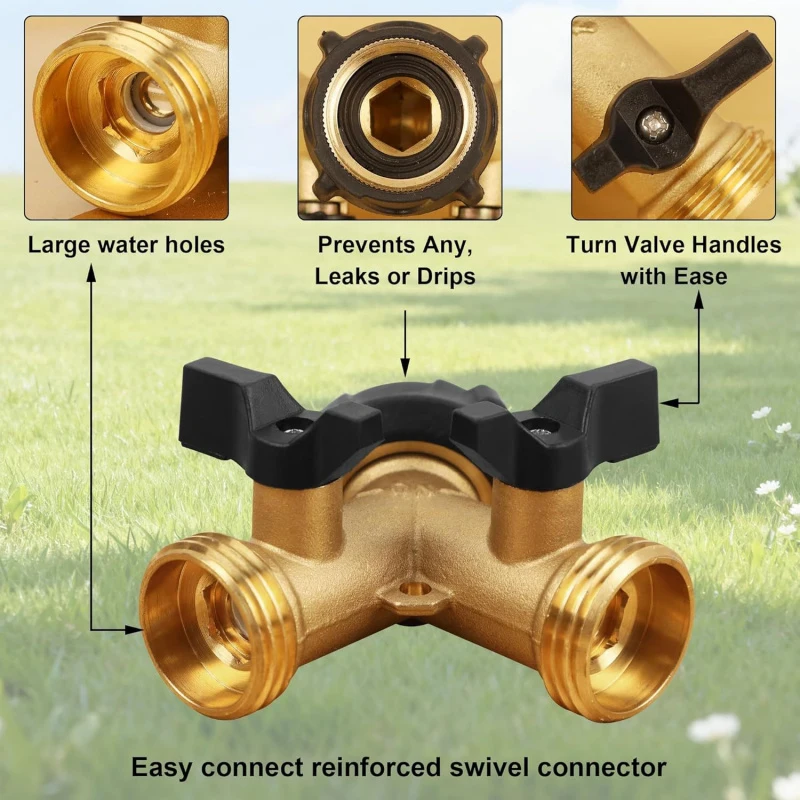 Garden Hose Distributor Bidirectional, Heavy-duty Brass Connector Water Distributor, Y Type Flow Divider 2 Valve