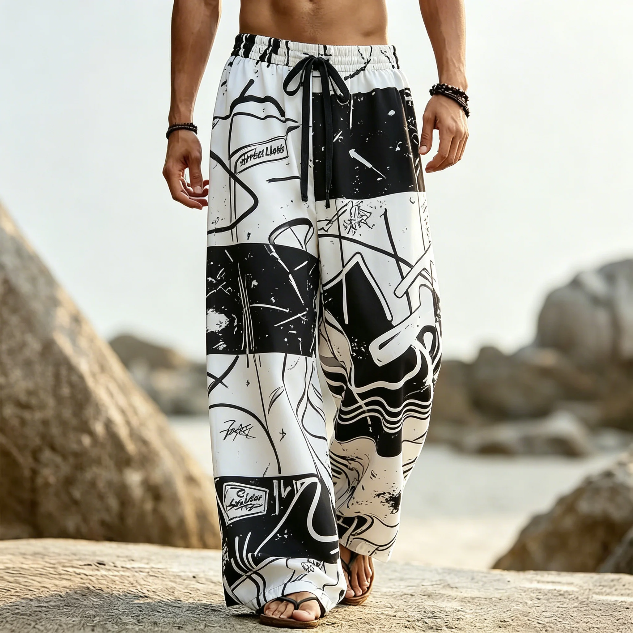 

Men's Streetwear Graffiti Art Print Drawstring Wide Leg Pants, Casual Loose Trousers for Spring Summer Beach & Daily Wear